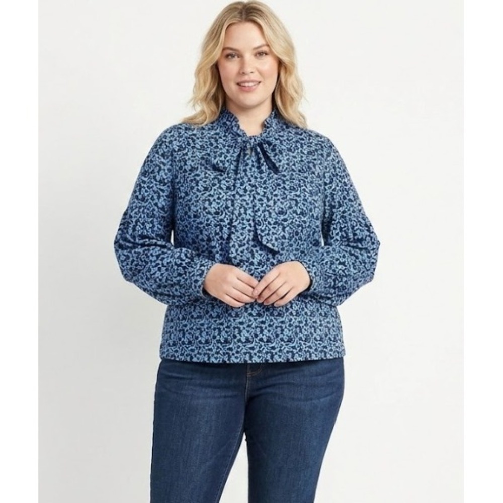 New LOFT size XL Black Blue Floral Tie Front Puff Sleeve‎ Preppy Popover Blouse